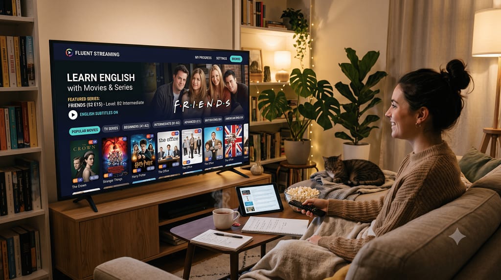 Écran de télévision diffusant un film d'animation pour apprendre l'anglais à la maison.