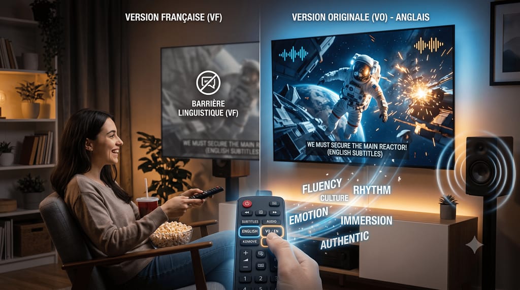Femme choisissant la VO sur sa télécommande pour apprendre l'anglais devant sa TV.