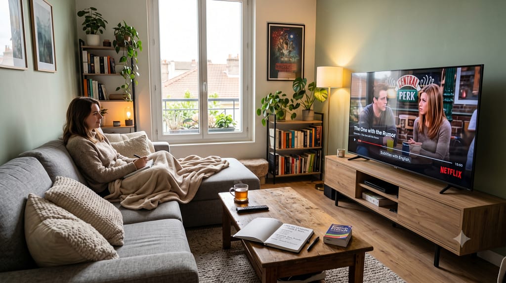 Salon avec canapé, télévision et carnet de notes pour apprendre l'anglais en regardant des films et séries en VO.