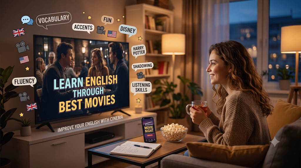 Une femme apprenant joyeusement l'anglais tout en regardant un film sur un grand écran avec des icônes éducatives.