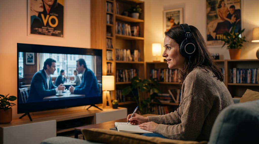 Femme souriante portant un casque audio, regardant un film en anglais sans sous-titres sur sa télévision tout en prenant des notes pour améliorer sa compréhension orale.