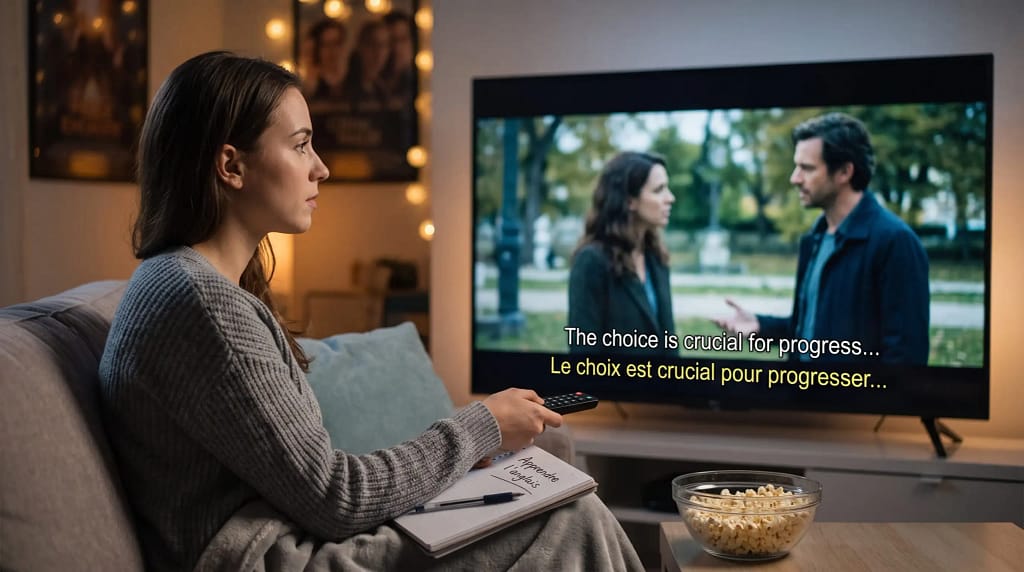 Jeune femme dans son salon regardant une série télévisée affichant des sous-titres en anglais et en français pour apprendre l'anglais.
