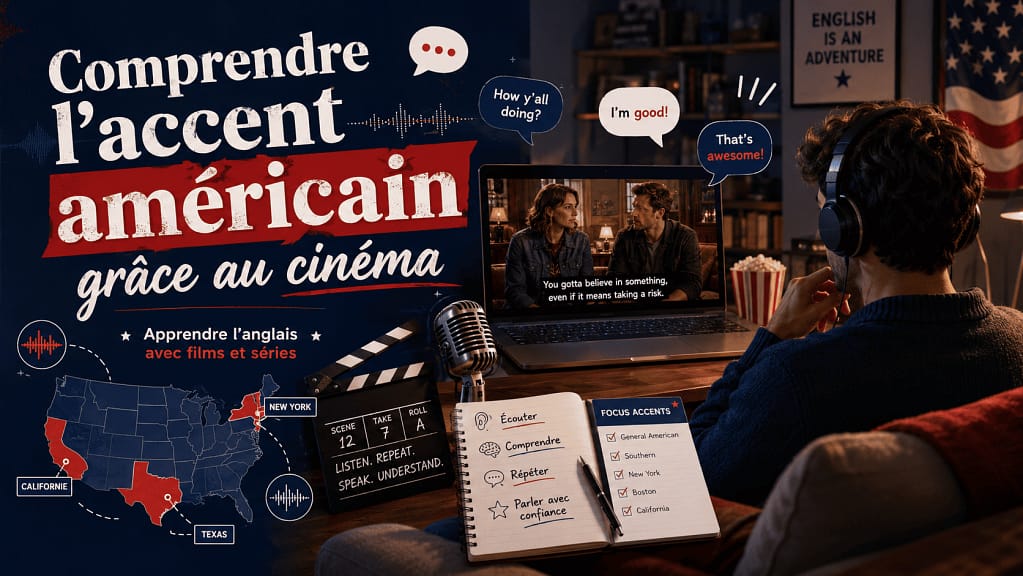 Personne apprenant l'anglais en regardant un film américain en VO.