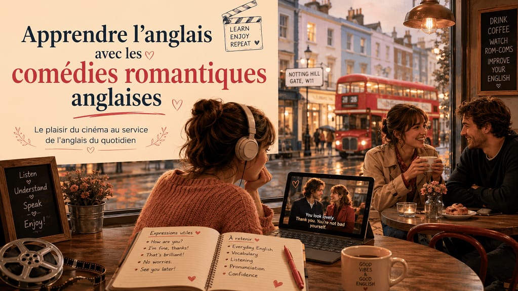 Affiche stylisée mélangeant des scènes de comédies romantiques cultes (Notting Hill, Love Actually) avec le drapeau britannique et des bulles de dialogue en anglais